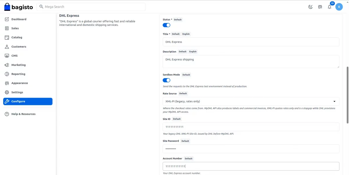 DHL XML API configuration settings