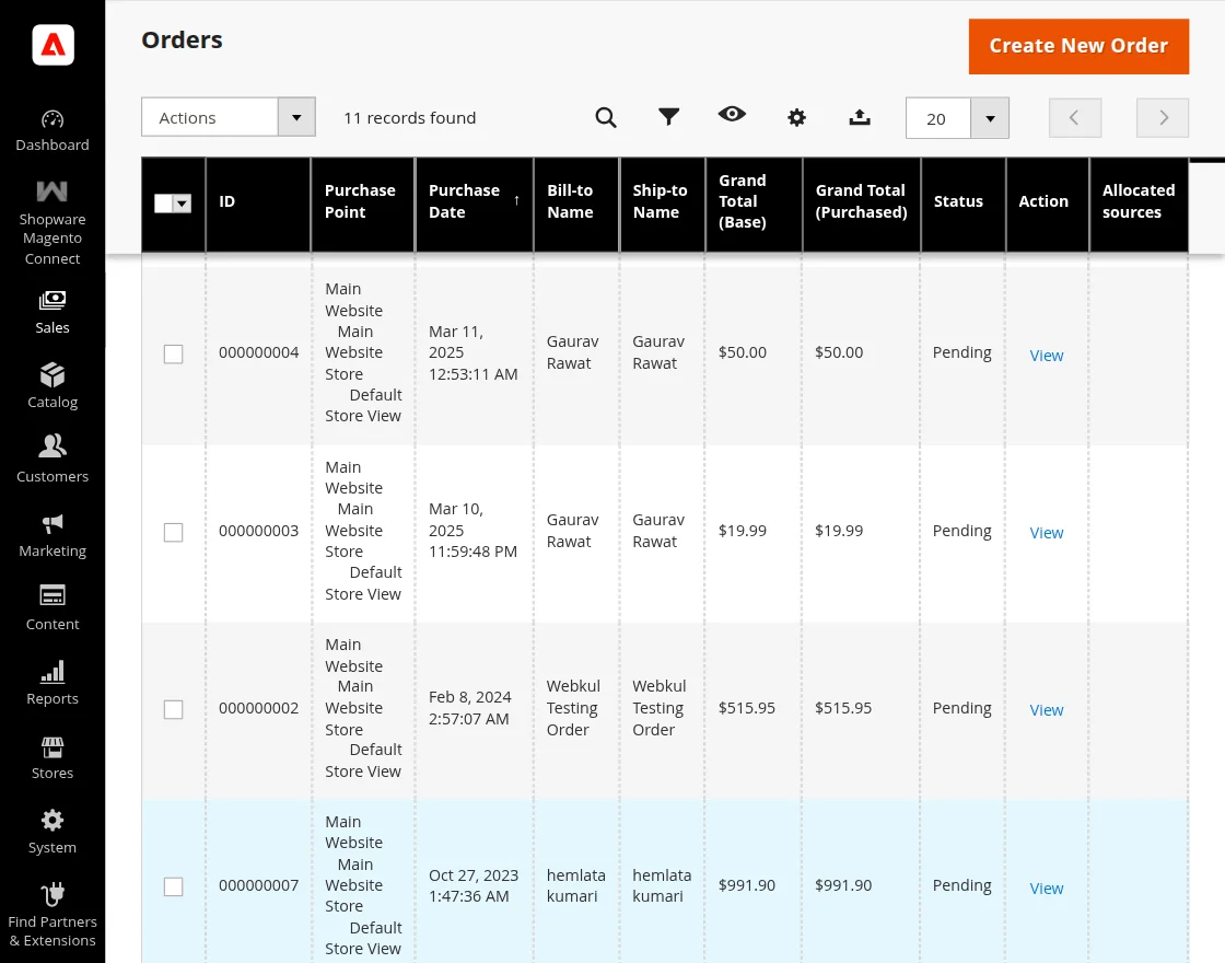 Imported Orders at Magento-end
