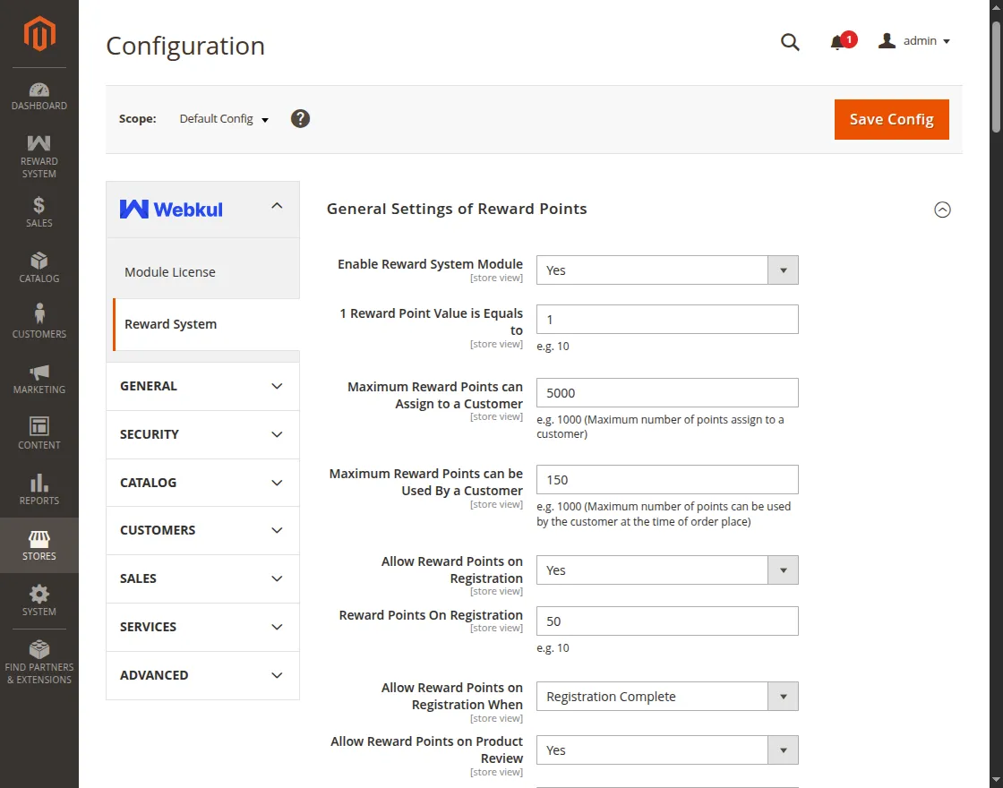 Magento 2 Reward Points general settings for reward points 