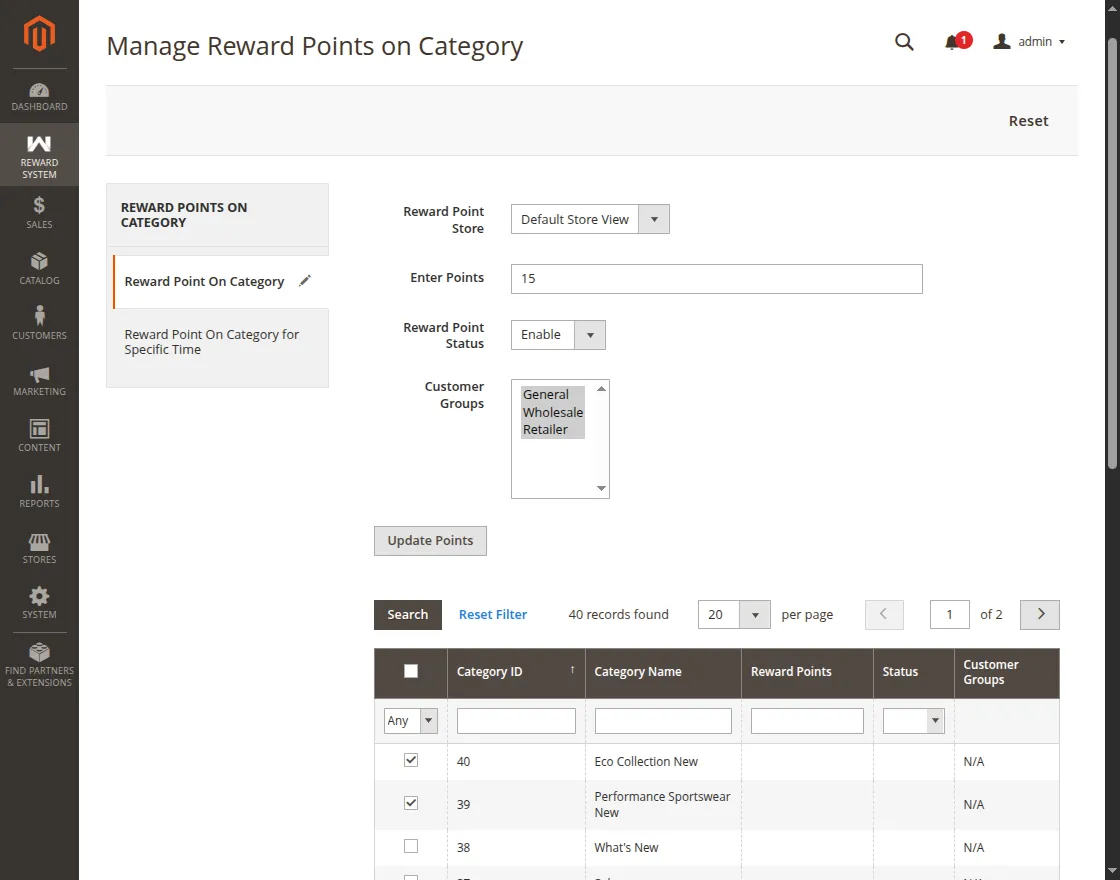 category based rewards point