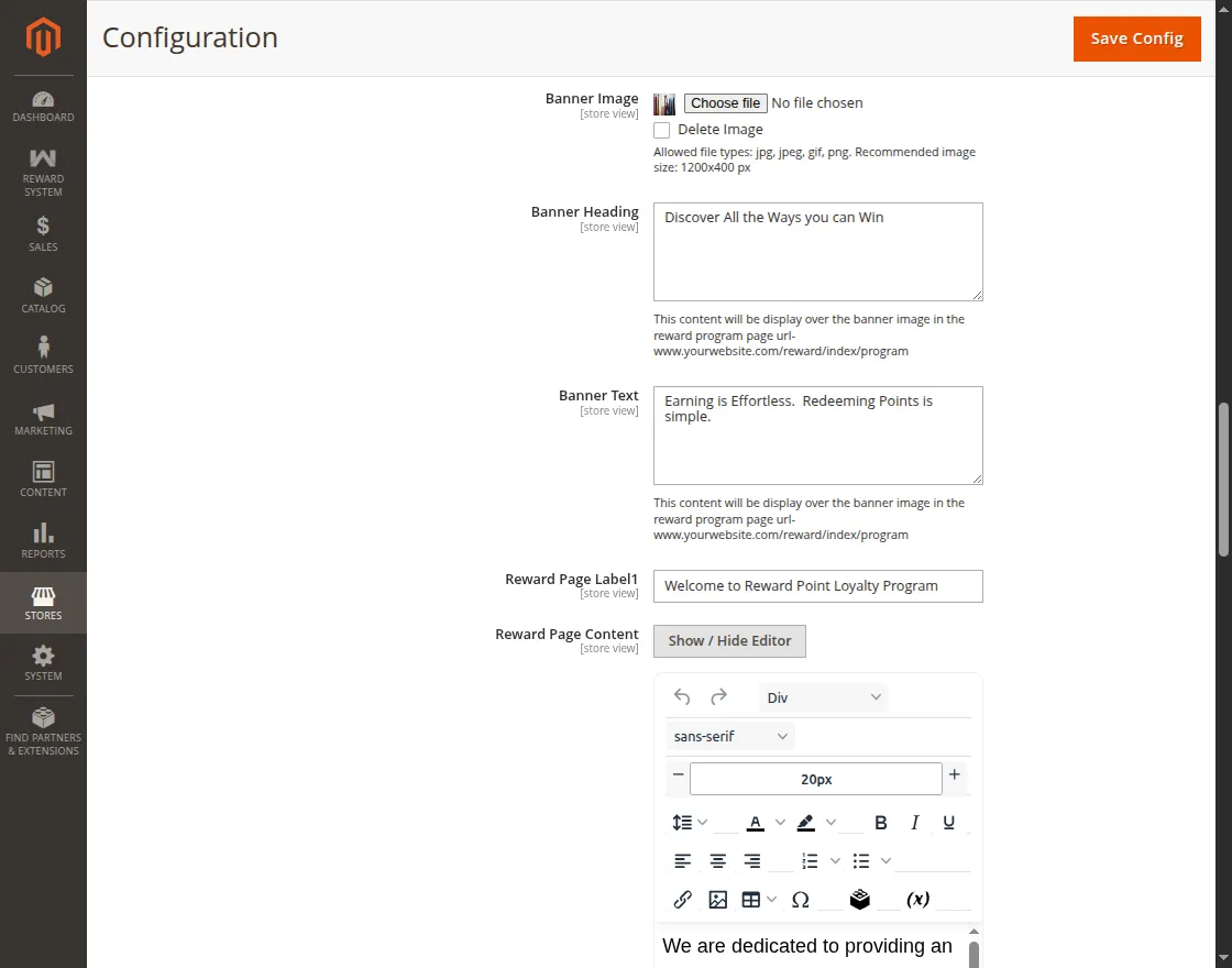 Magento 2 Reward Points - rewards page config