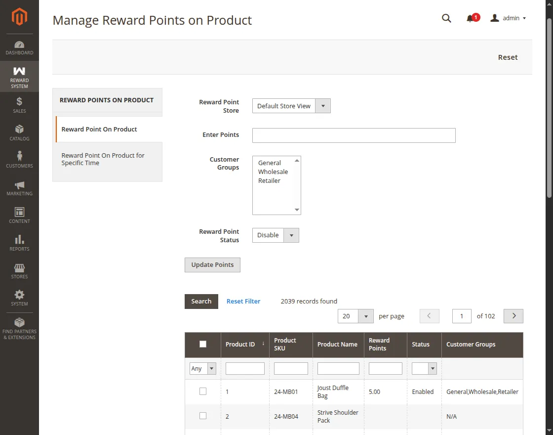 Magento 2 Reward Points - rp based on product