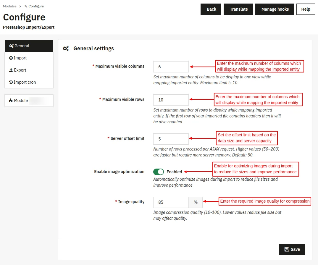 Module Configuration page