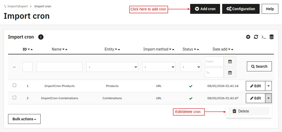 Import Cron Listing