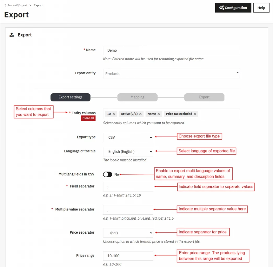 Export Settings