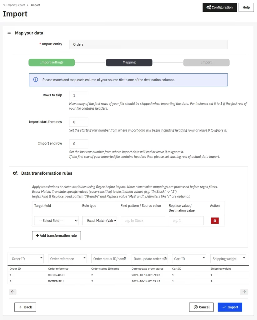 import orders mapping