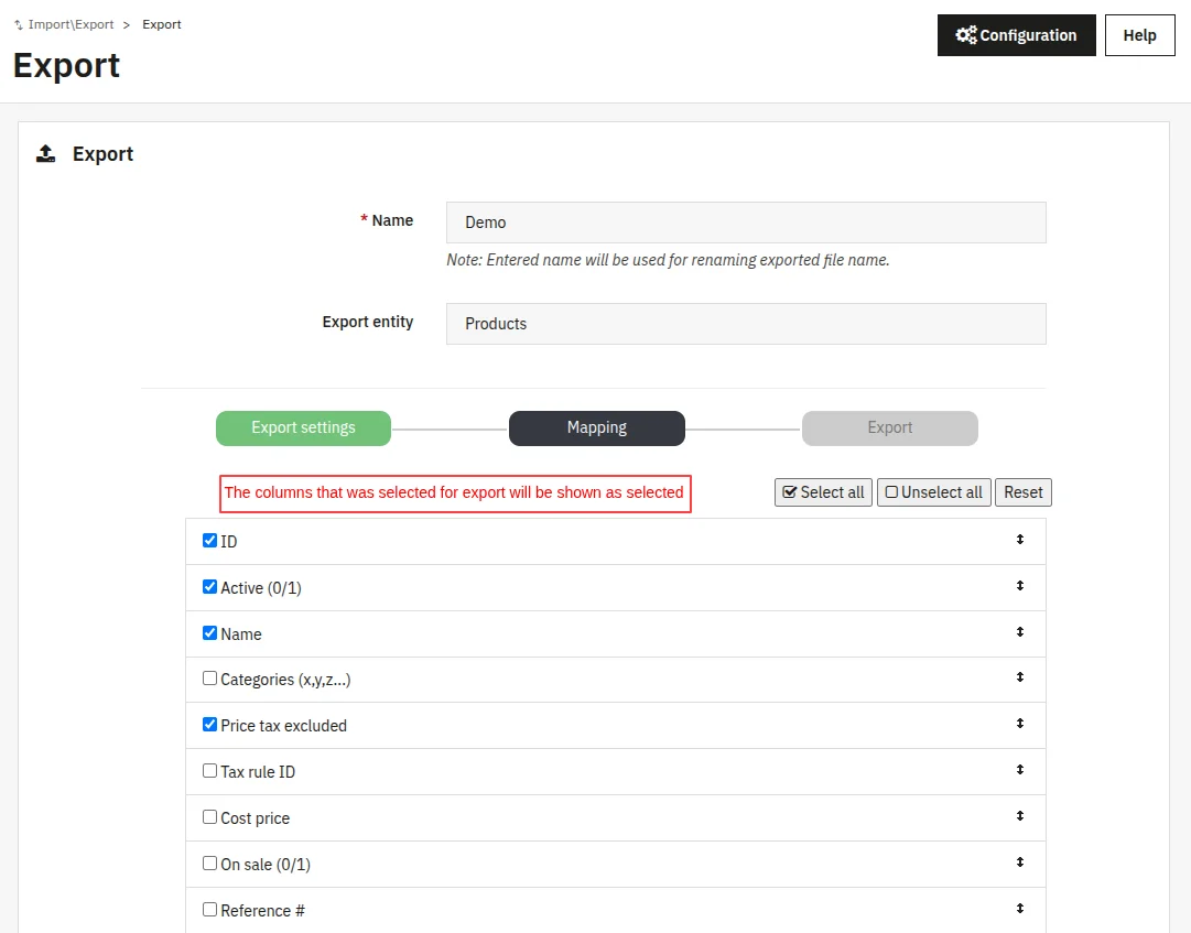 Export CSV mapping