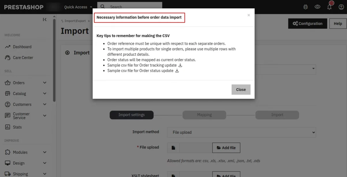 import orders info