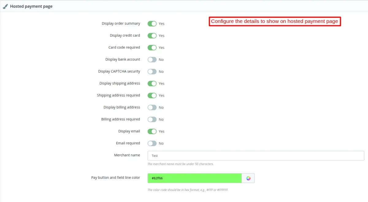 hosted payment page settings