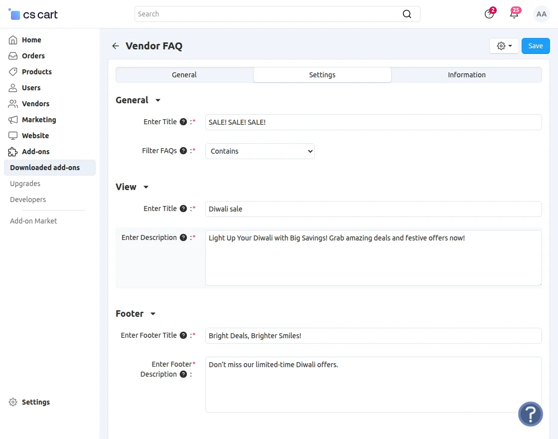 CS-Cart Vendor FAQ settings