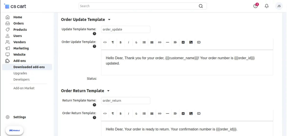 order status template