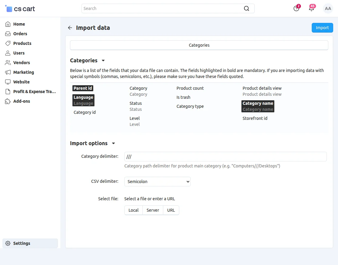 Category import data