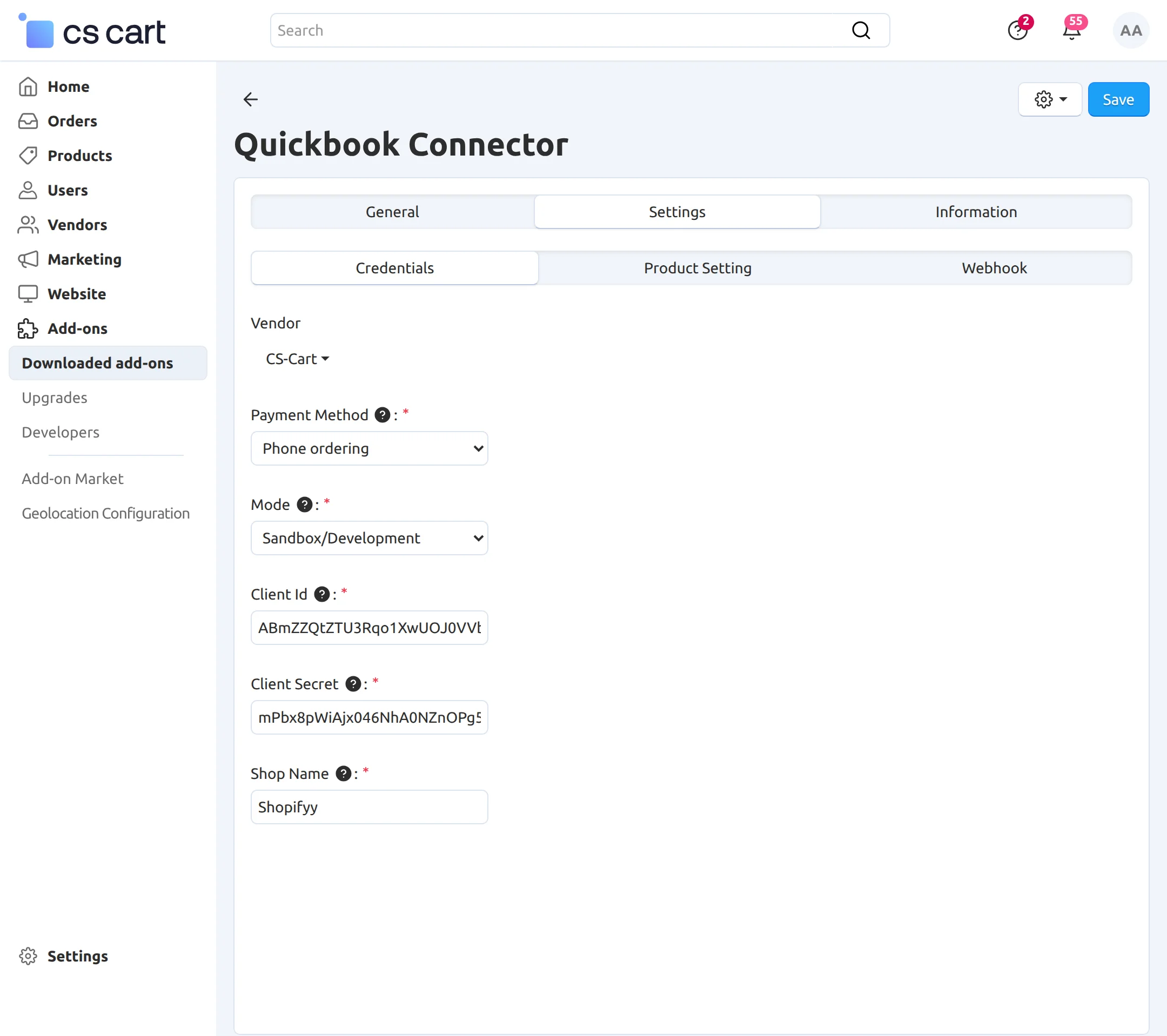 cs-cart quickbook credentials