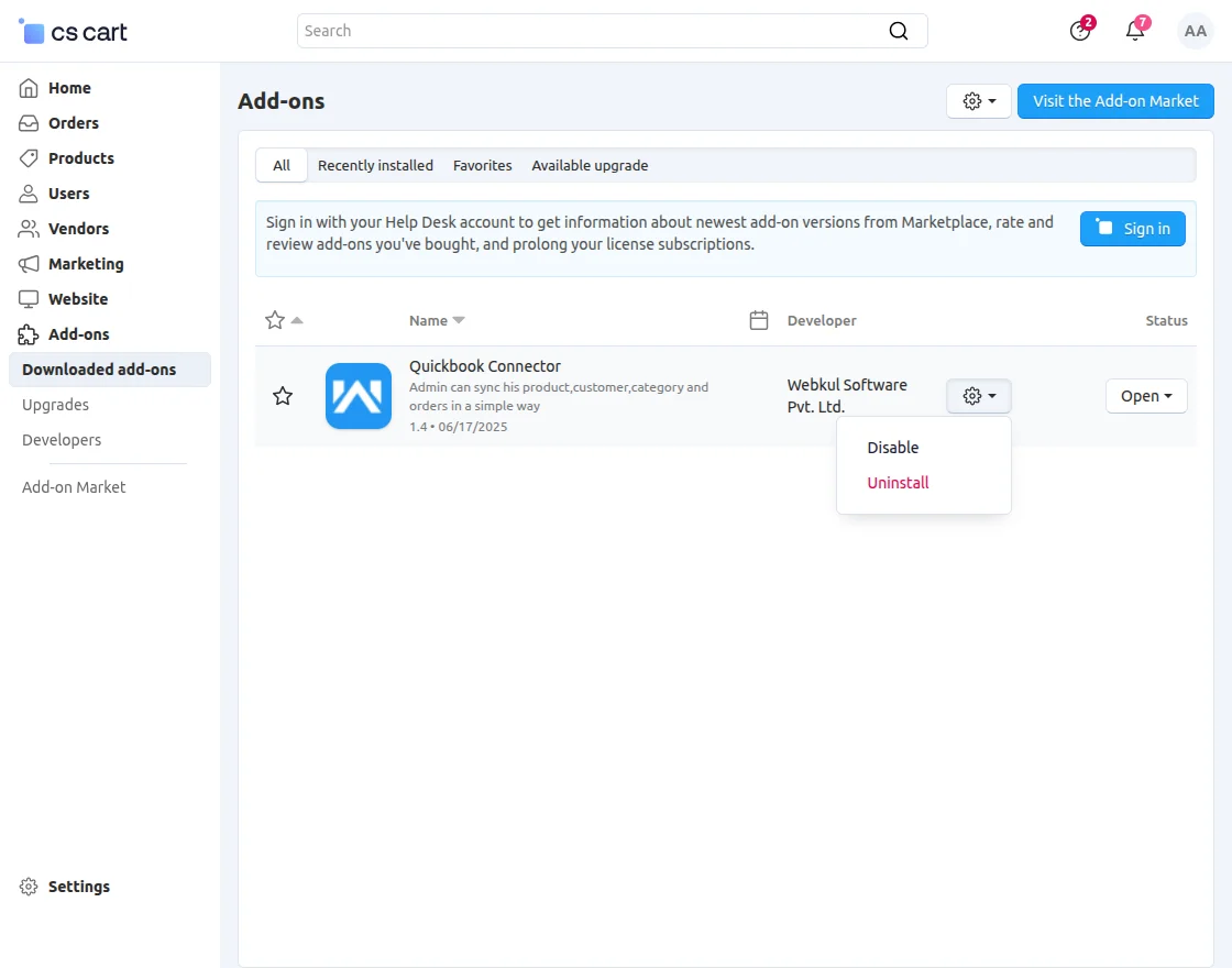 CS-Cart Quickbook Connector addon