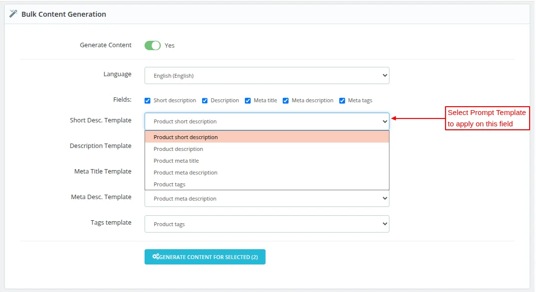 Select Language and Fields for content generation