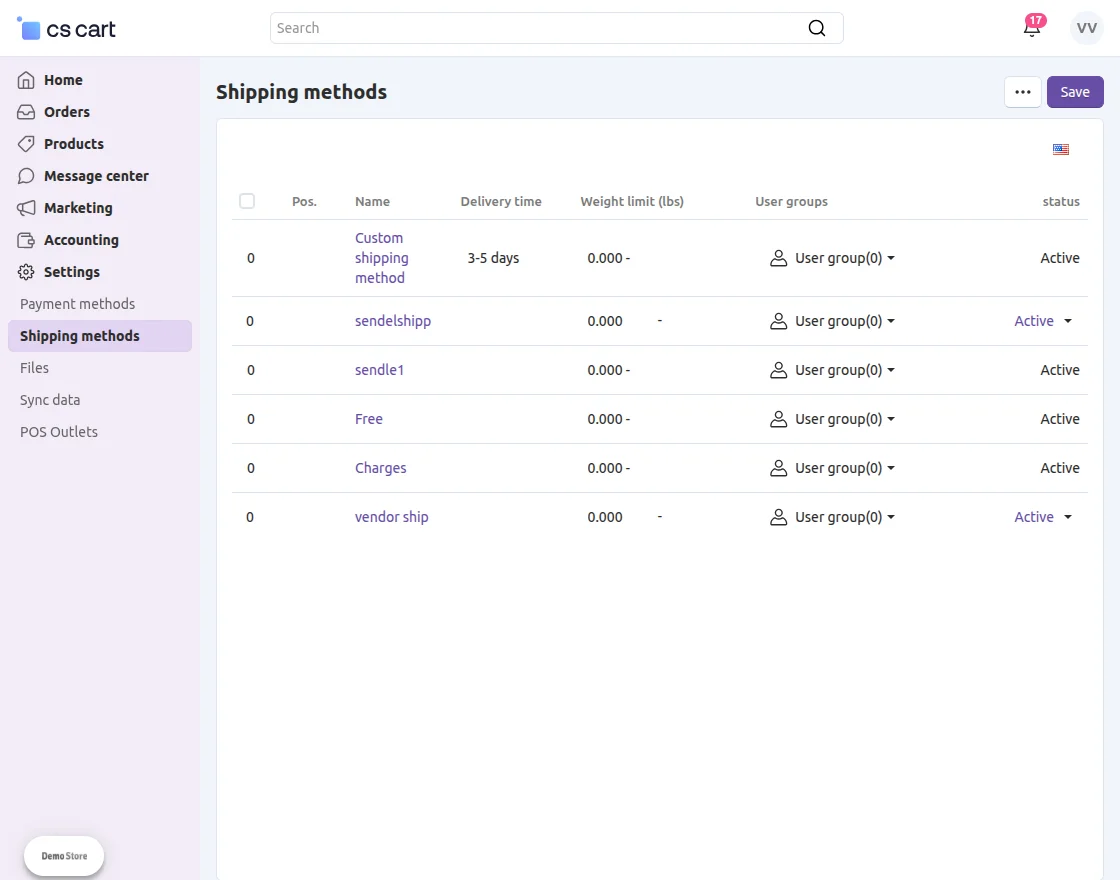 vendor panel shipping methods