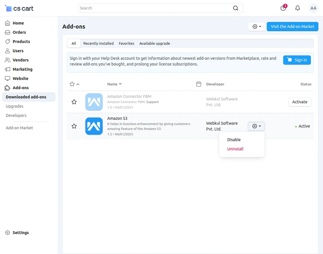 cs-cart amazon s3 module active