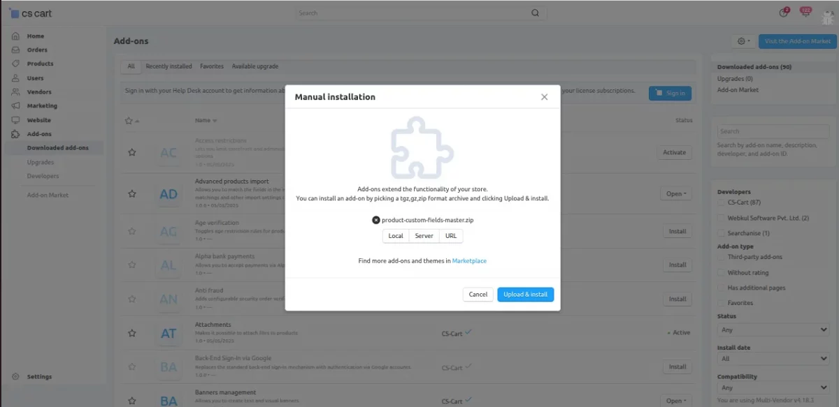 product custom fields zip installation