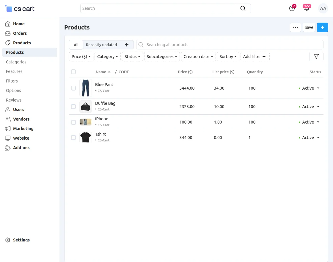admin end products list