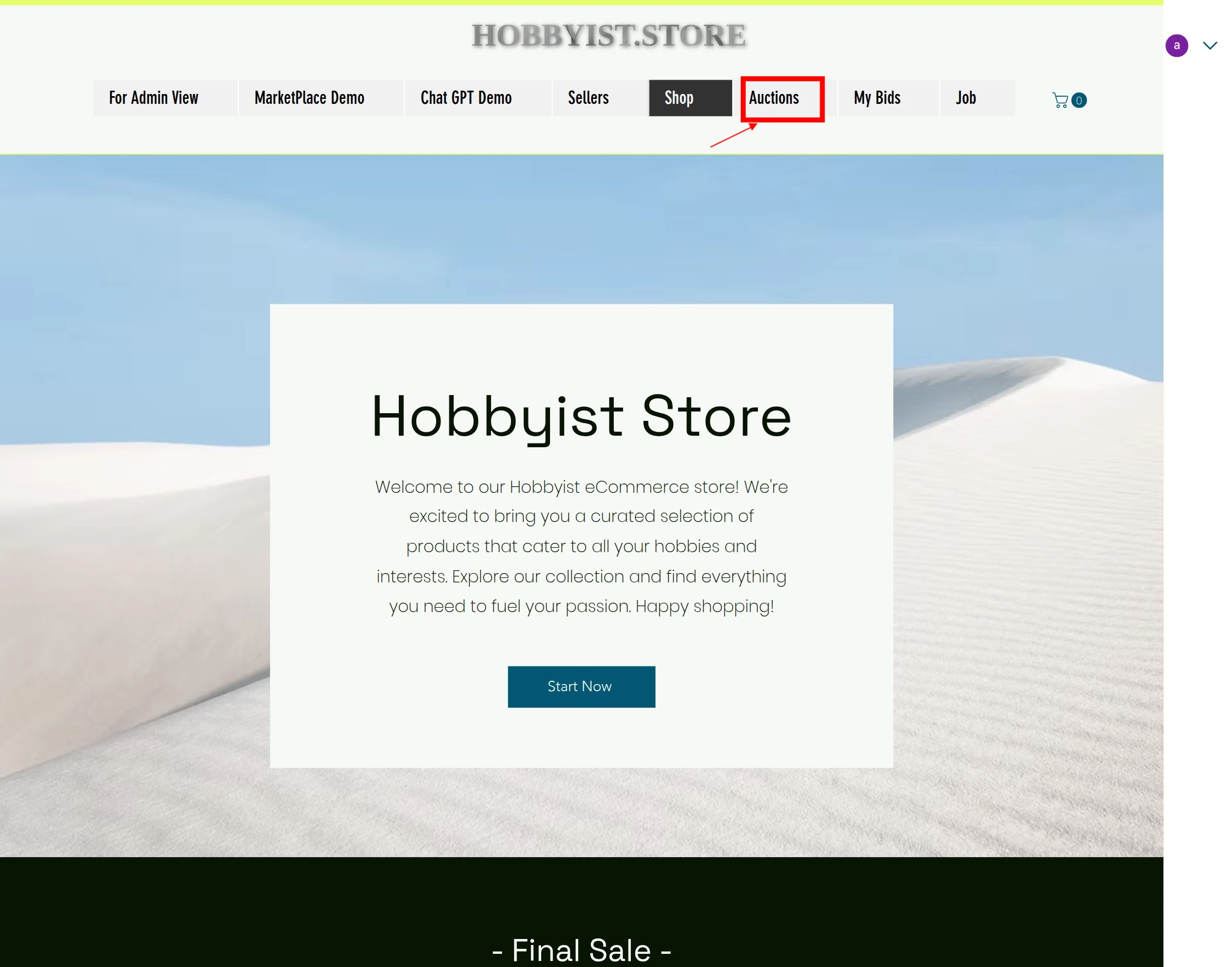 auction page on homepage