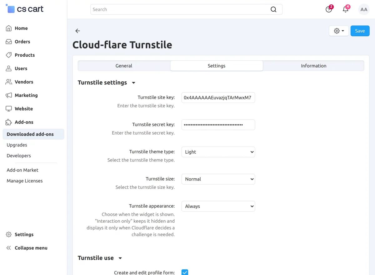 Configuration of CS-Cart Cloudflare Turnstile