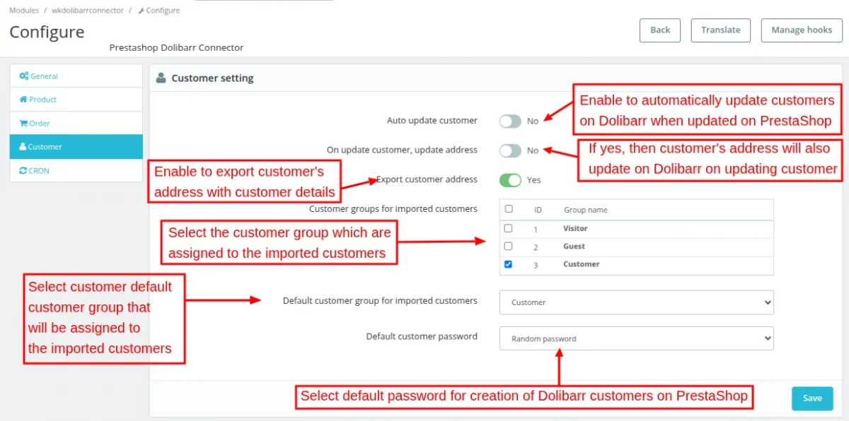 customer settings