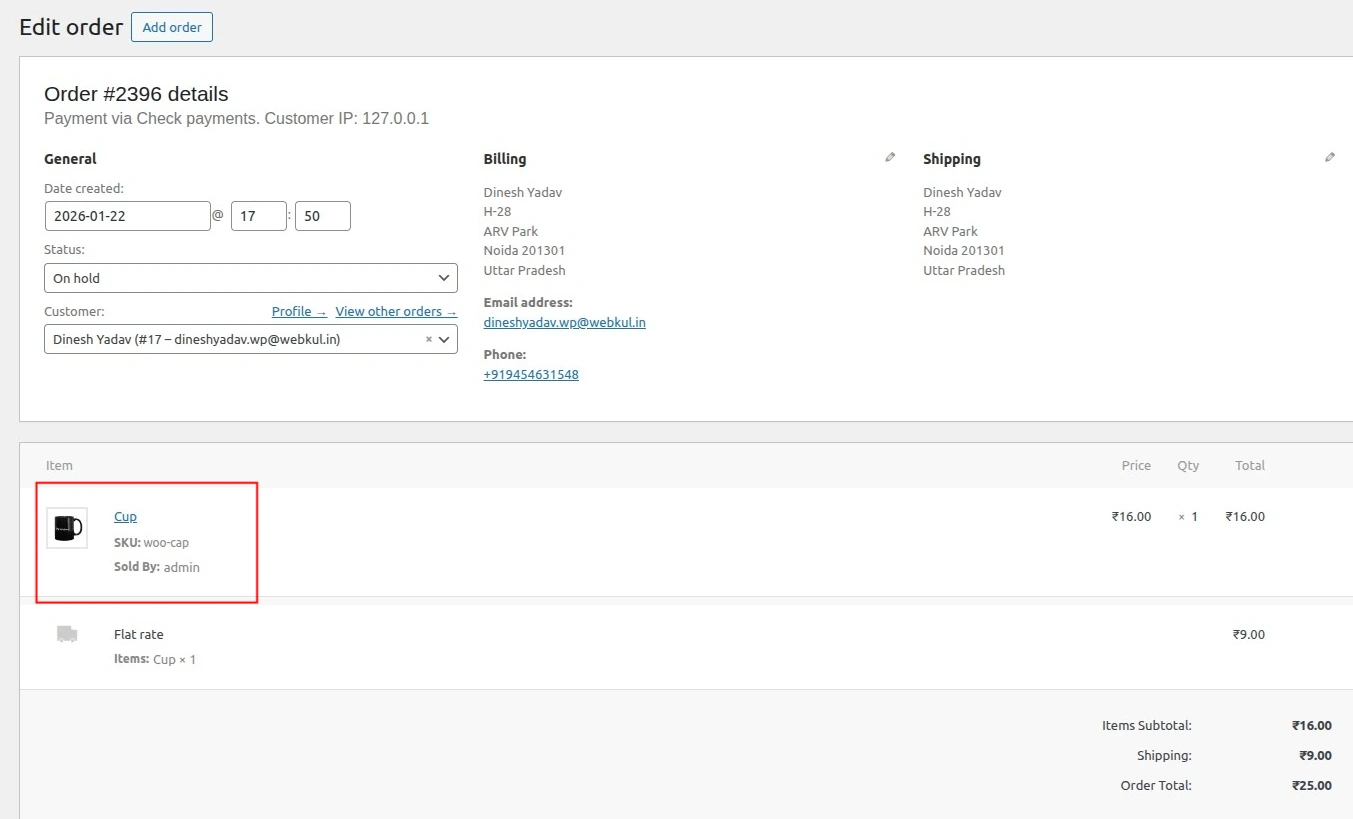 Custom cart itme data on admin Order Edit page