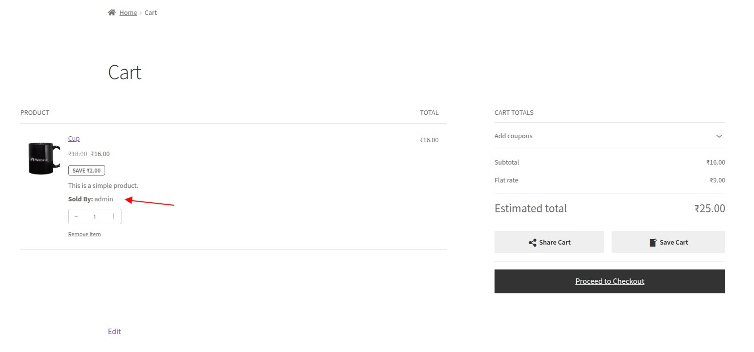 Custom cart data on the cart page.