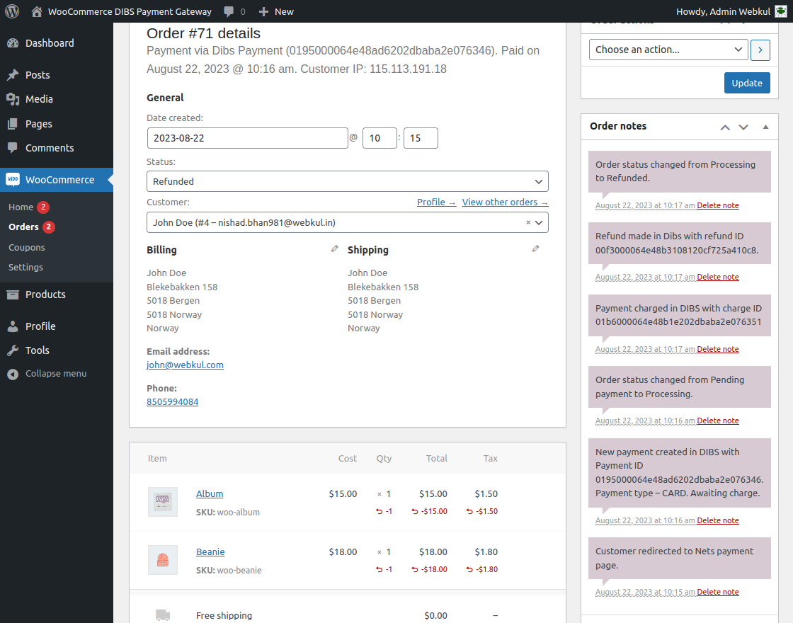 refund details admin backend for order