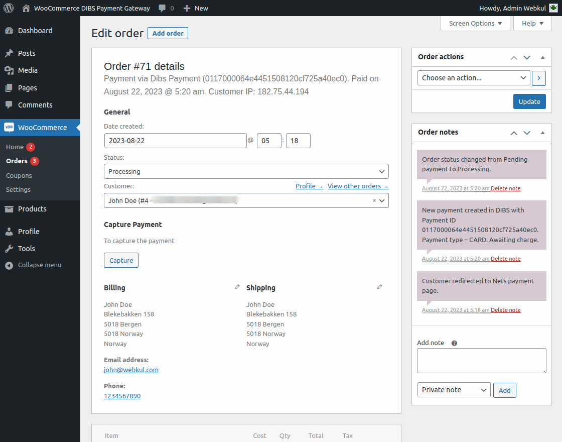 WooCommerce DIBS Payment Gateway    Capture Payment