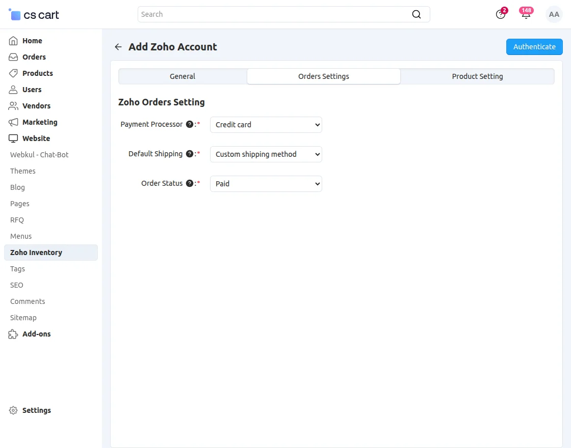 Order setting in zoho