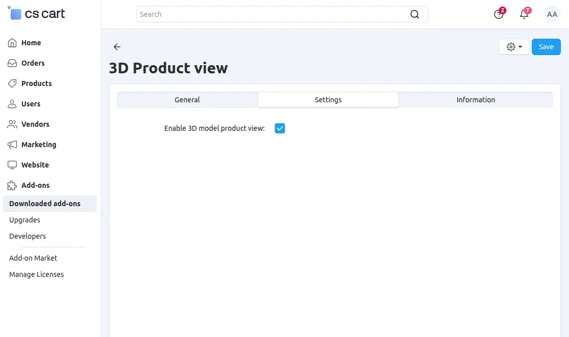 Cs-Cart 3D Viewer Using Augmented Reality addon configuration