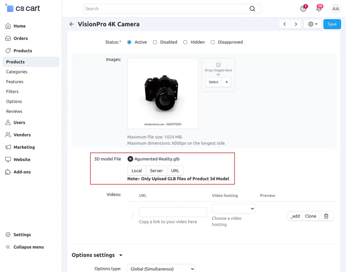 CS-Cart Agumented Reality file upload