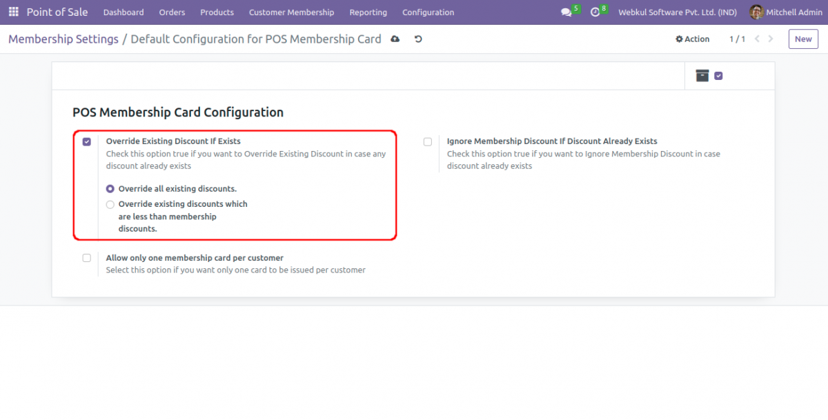 configuring  POS Membership card with override existing discount if exists  option