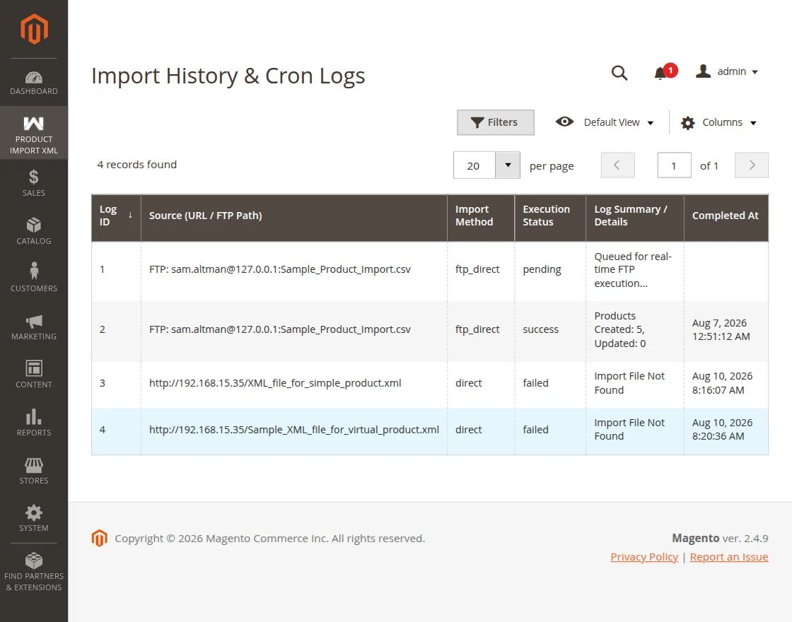 Import History & Cron Logs