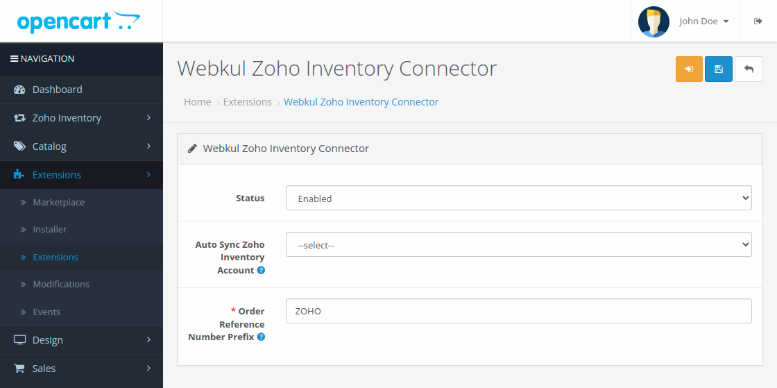 opencart zoho inventory Connector initial configuration settings