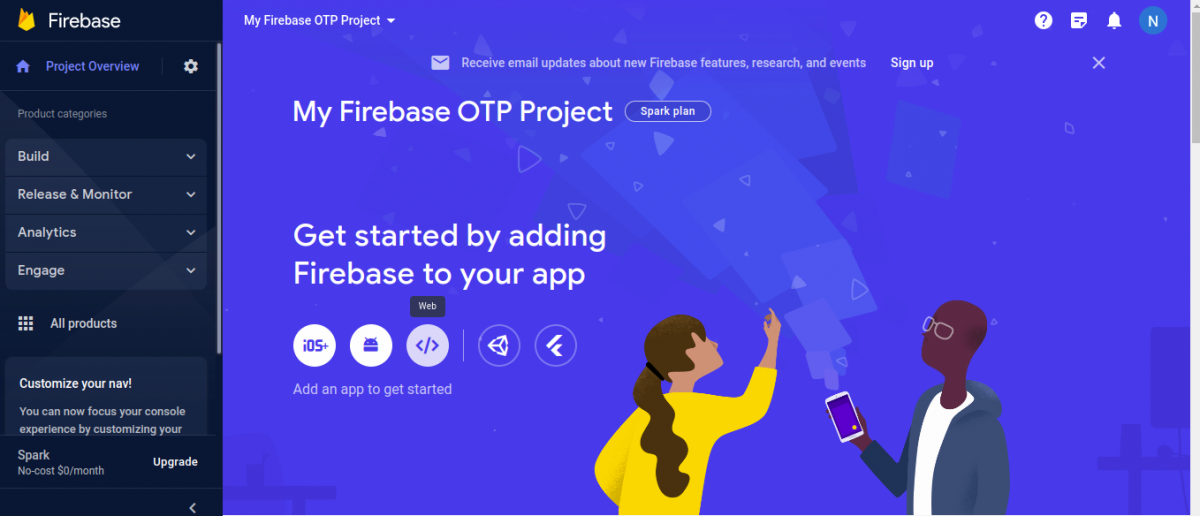 web option for the firebase app to create