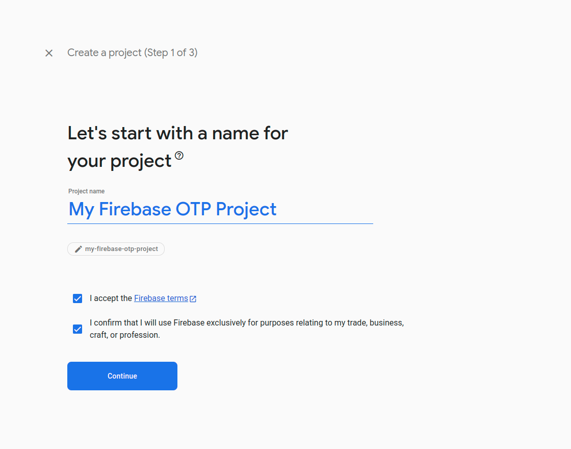 enter project name for firebase project