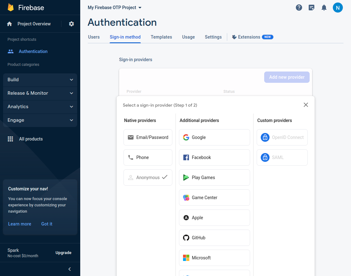 choose phone as service provider and enable it 