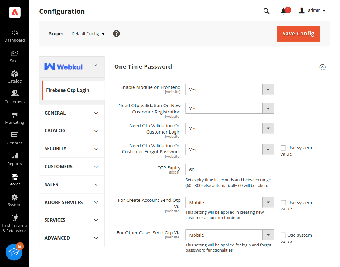 Magento 2 Firebase OTP Login backend configuration