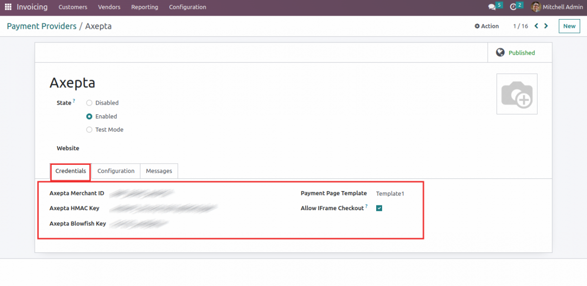 Credentials tab Setup of Odoo Website Axepta Payment Gateway