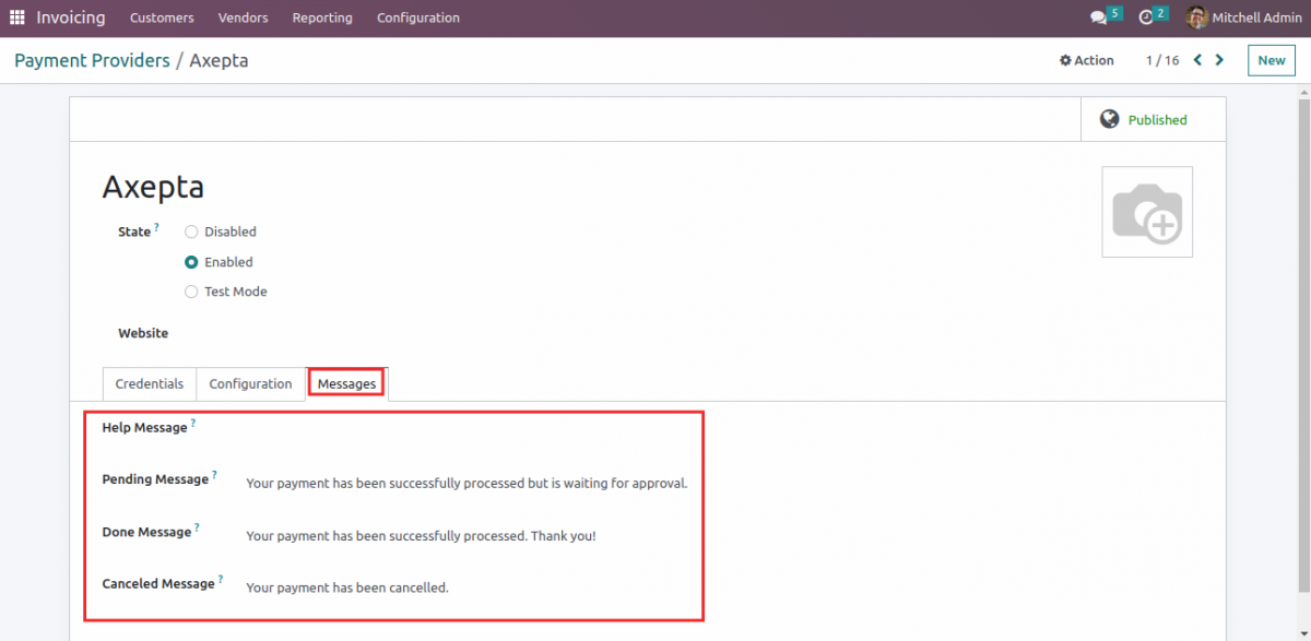 Messages tab of Odoo Website Axepta Payment Gateway