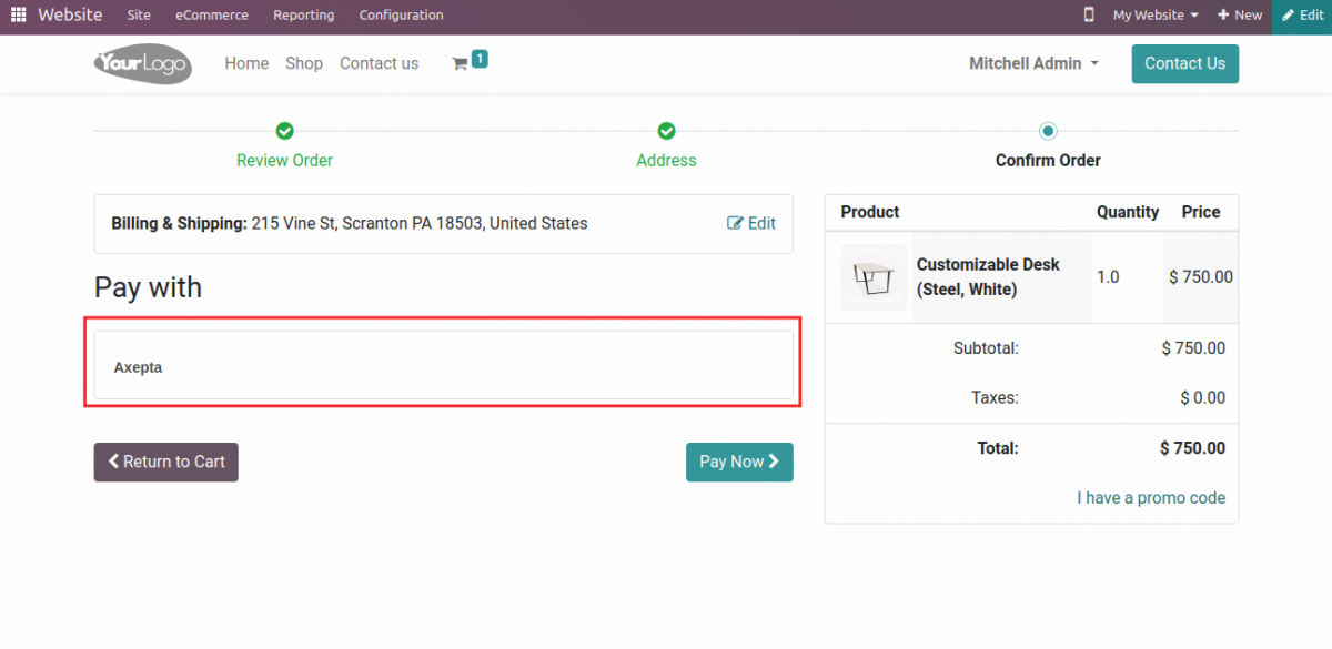 Axepta Payment Provider selection on Website