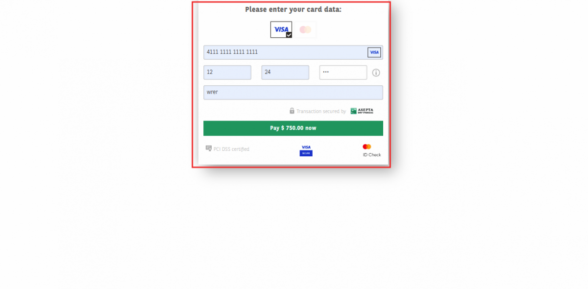 Entering Card Details on Payment Popup of Axepta