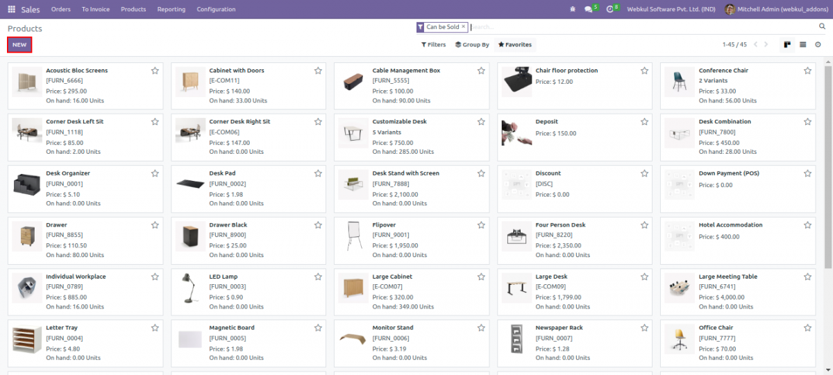 products  Creation under the sales tab