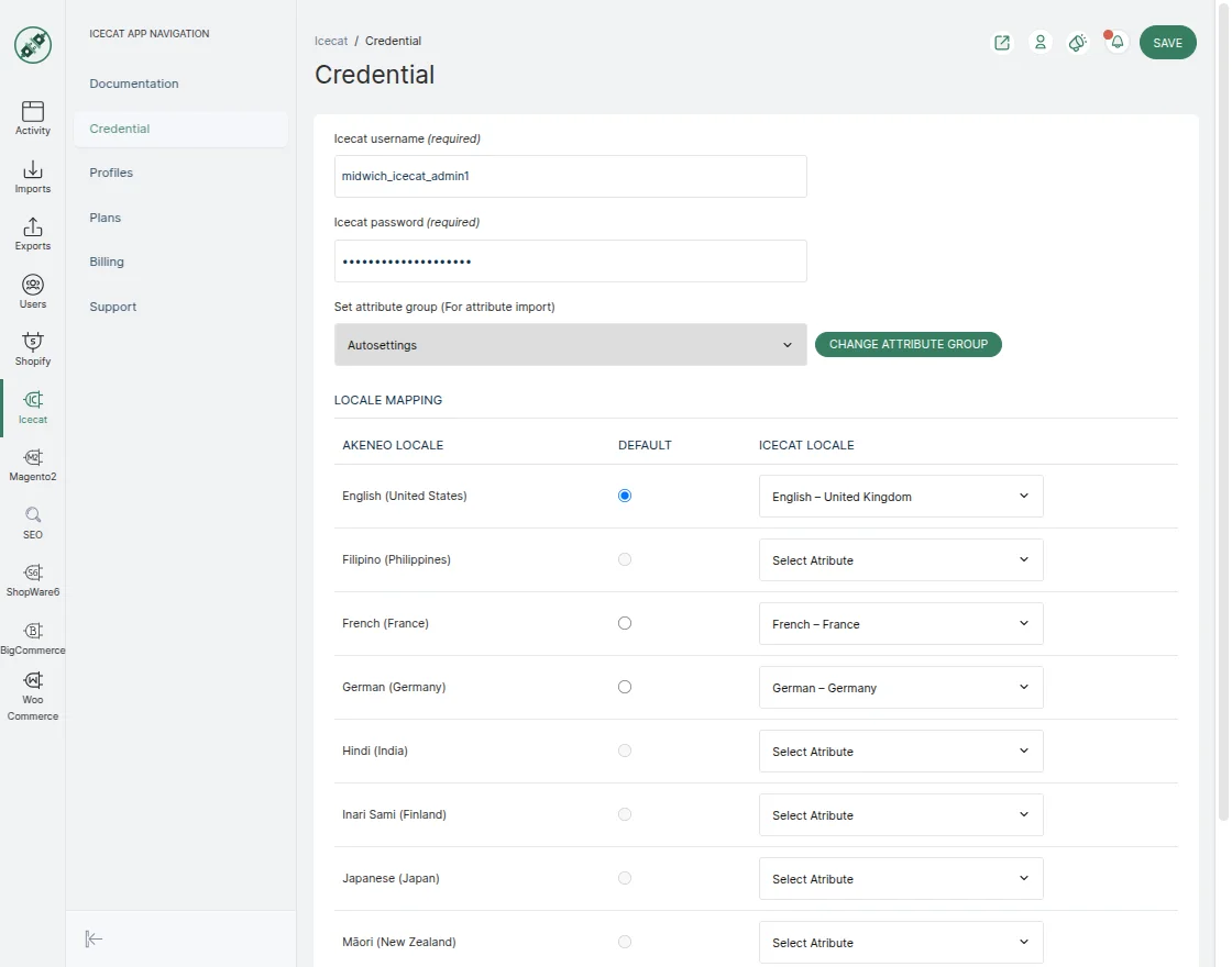 Akeneo Icecat App- Credentials