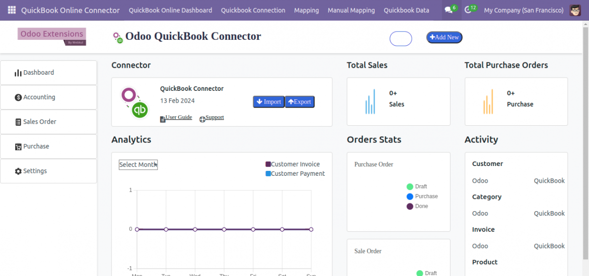 odoo quickbook online connector dashboard.