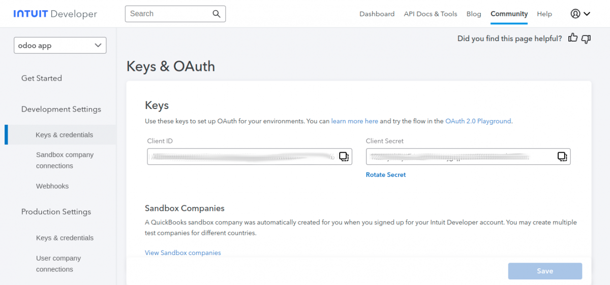 client id and client secret in odoo quickbook online connector