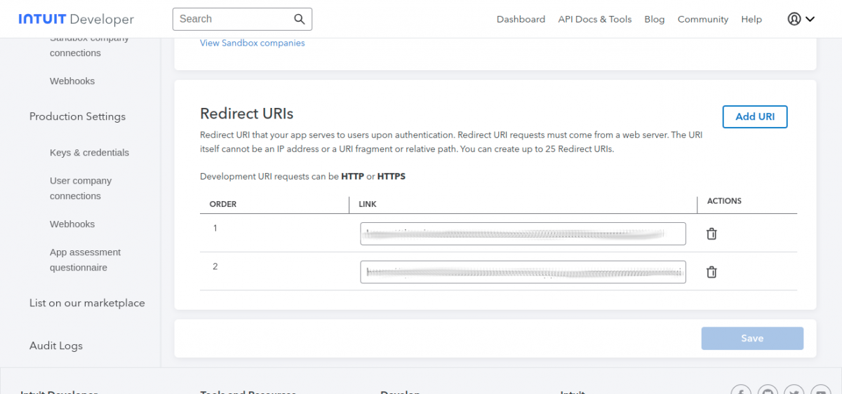 quickbook end for redirect uris