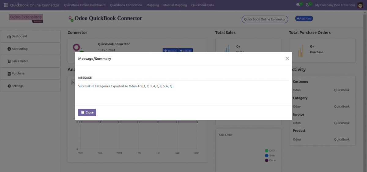 product category export in quicbook online connector successful 